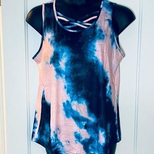 Women’s Plus Size Tank XL 2XL Pink & Blue Tie Dye With Crisscross Neckline